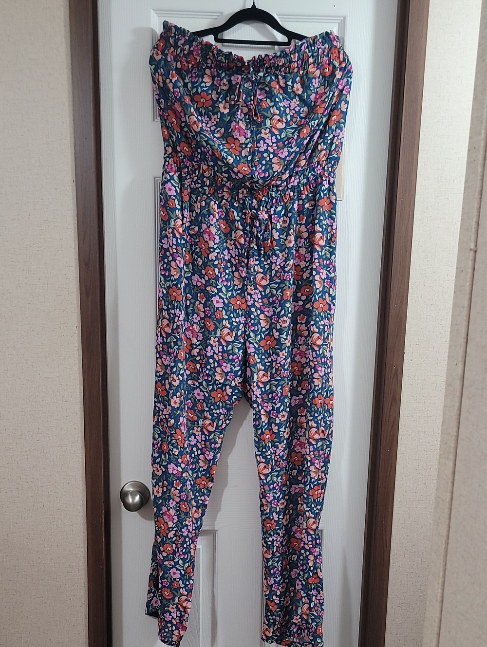 Blue Velvet Strapless Floral Jumpsuit in Teal with Pink & Orange Blooms